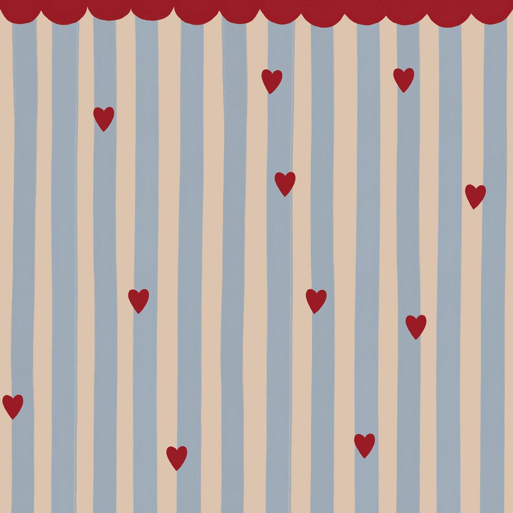 soft morning light on a nursery wall with charming french hearts and pastel stripes