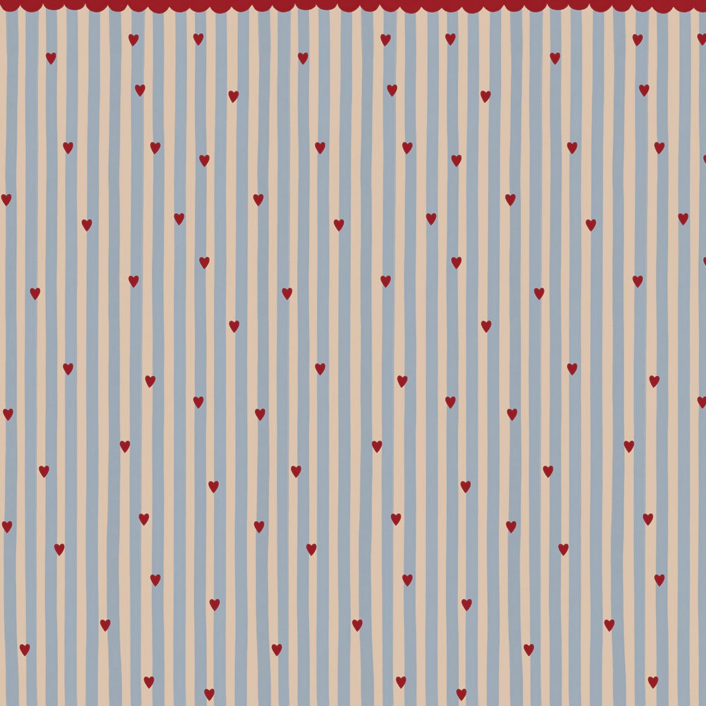playful french hearts wallpaper in a sunlit kids room with striped pastel and red heart pattern