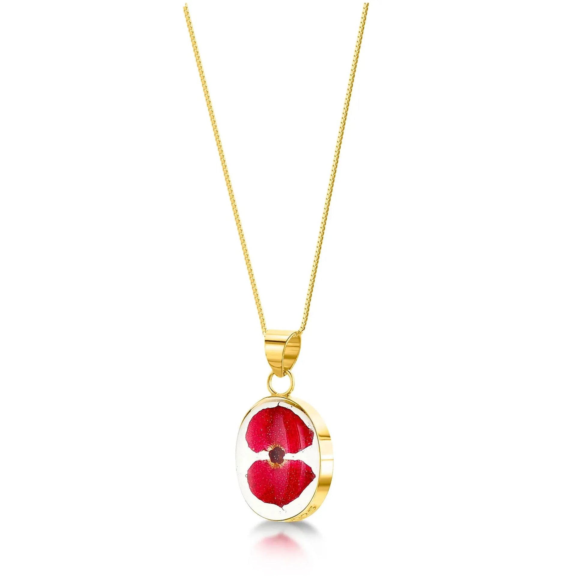 Poppy Real Flower Sterling Silver Oval Pendant Necklace