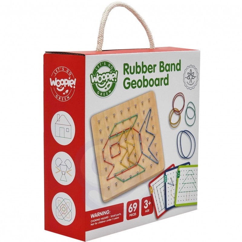 a child's hands playfully stretching green rubber bands on a wooden geoplan puzzle board