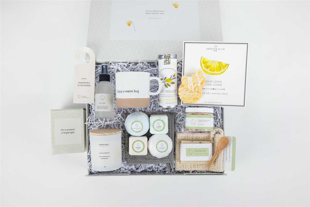 close-up of a soft gray towel and lemon cookies from an artisan get well gift set