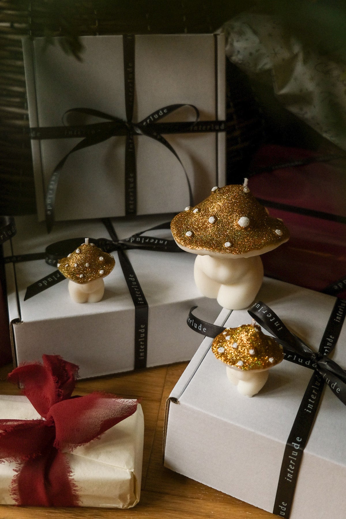 Glittery Mushrooms Candles in Gold Trio