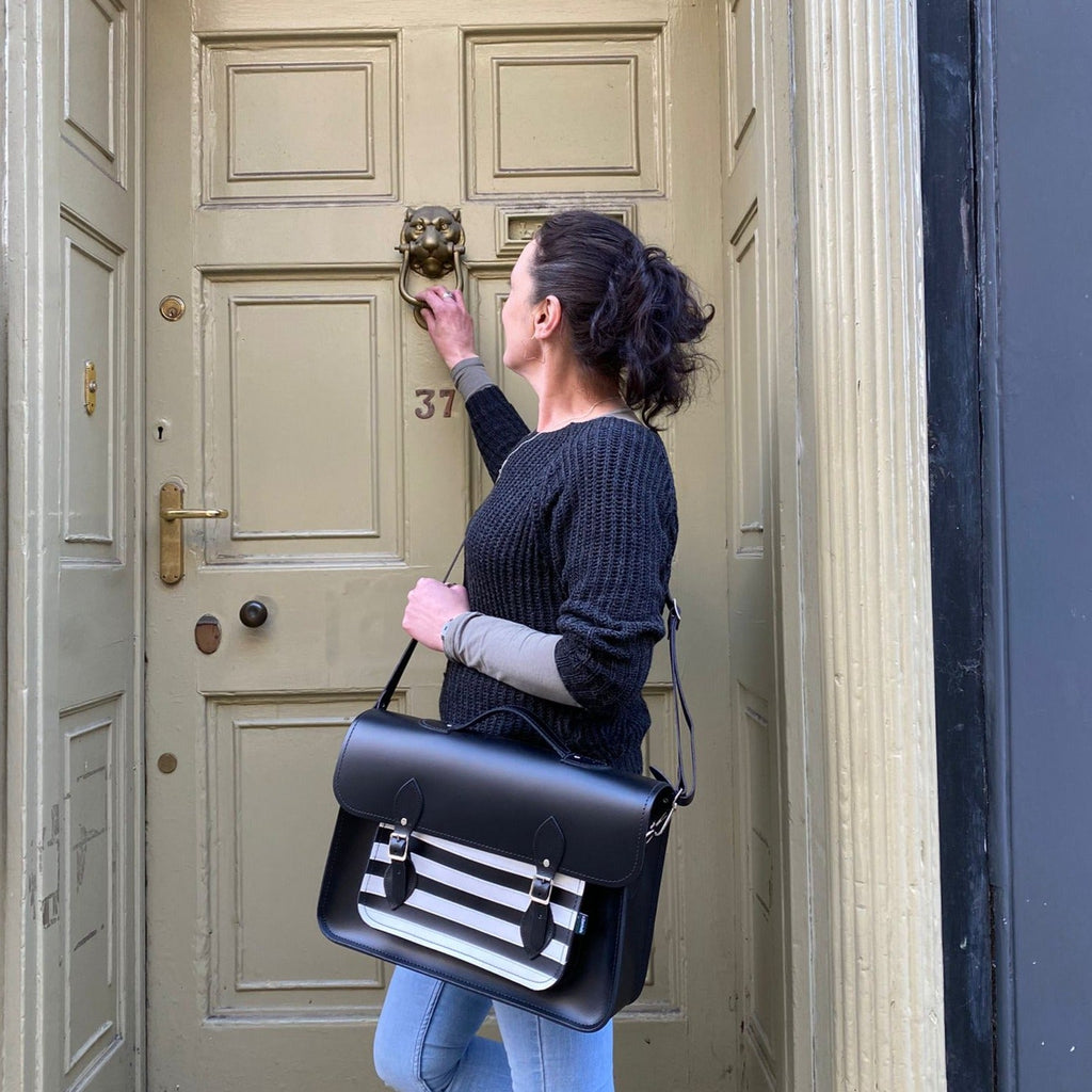 Handmade Leather Satchel Gothic Striped White and Black