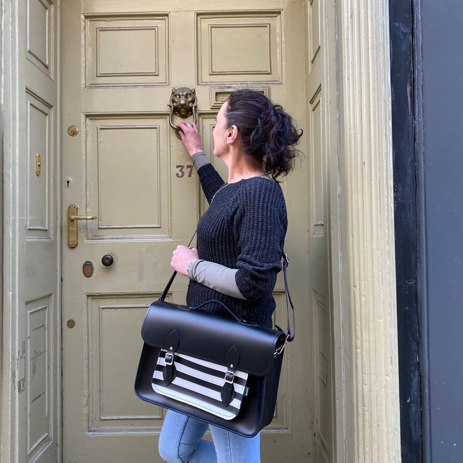 Handmade Leather Satchel Gothic Striped White and Black