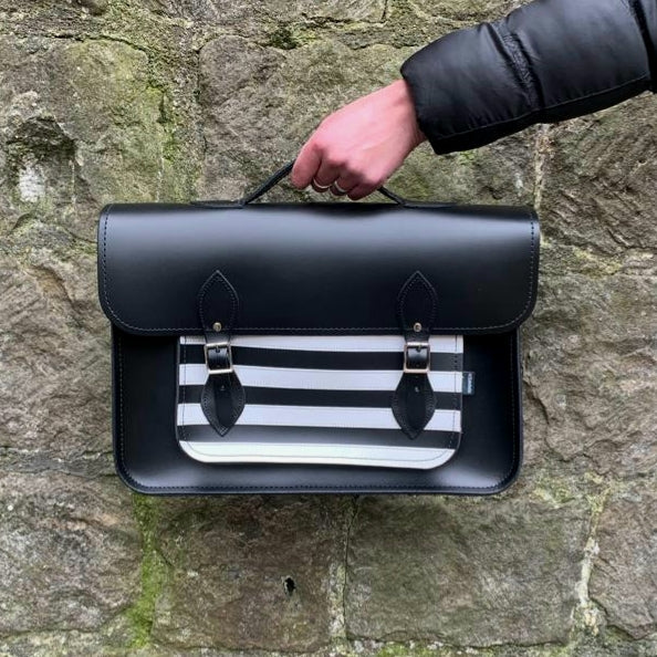 Handmade Leather Satchel Gothic Striped White and Black