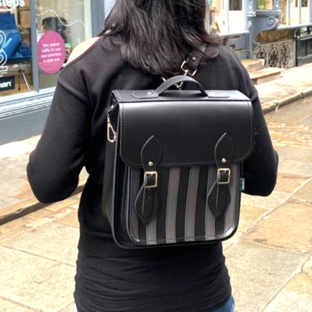 Handmade Leather City Backpack in Gothic Grey and Black Stripes
