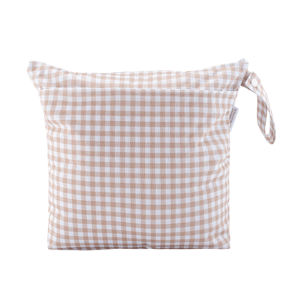 Grab and Go Nappy Wet Bag with Handle in Gingham Taupe