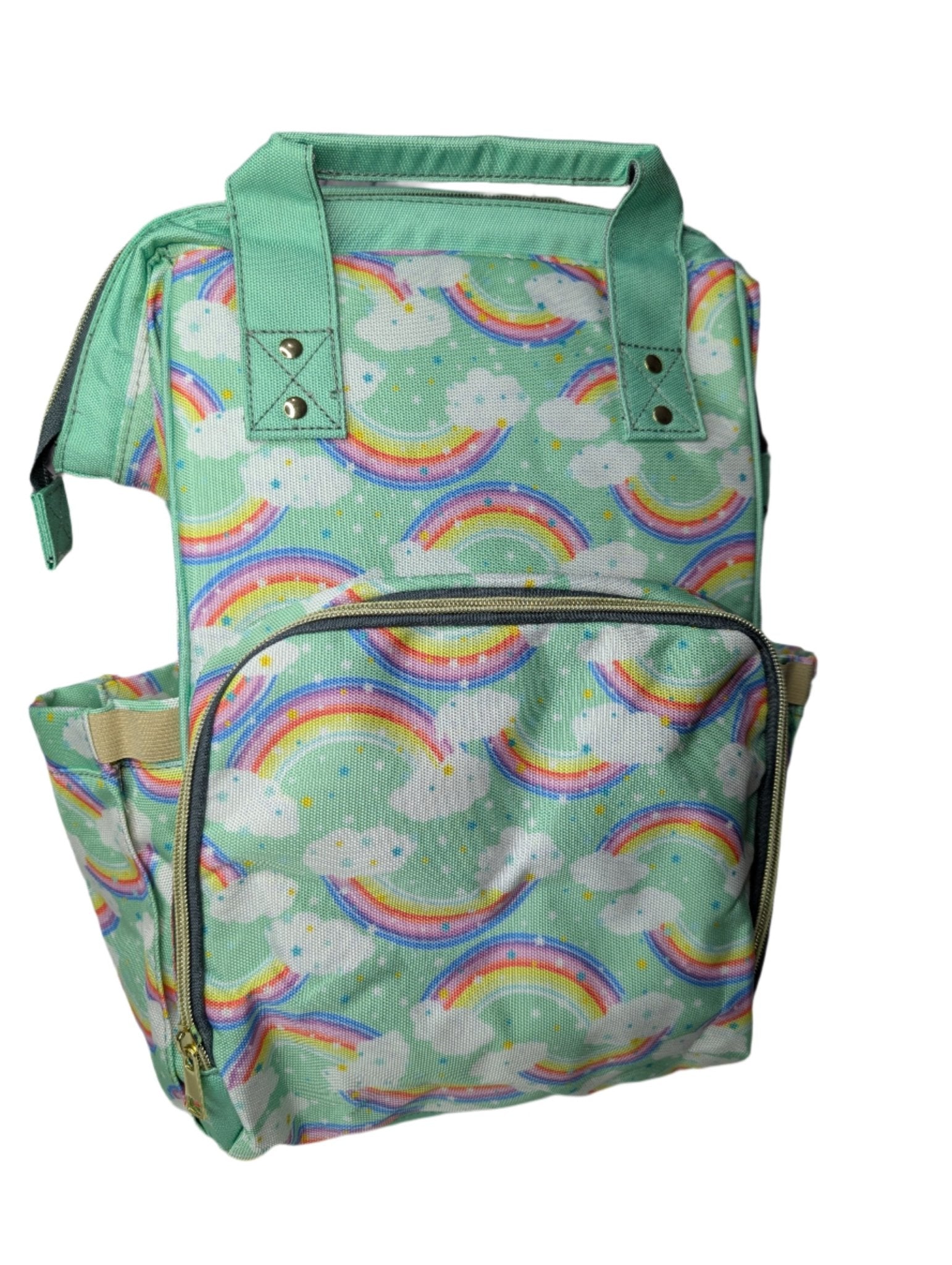 Green Baby Changing Backpack with Rainbow and Cloud Print