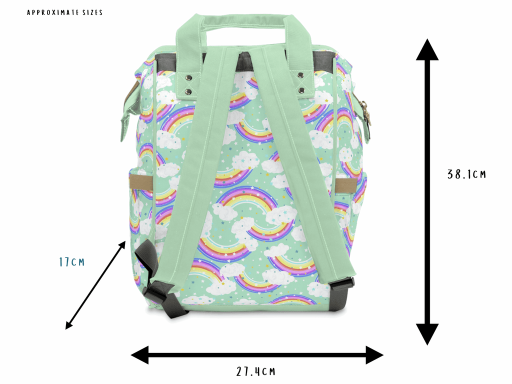 Green Baby Changing Backpack with Rainbow and Cloud Print