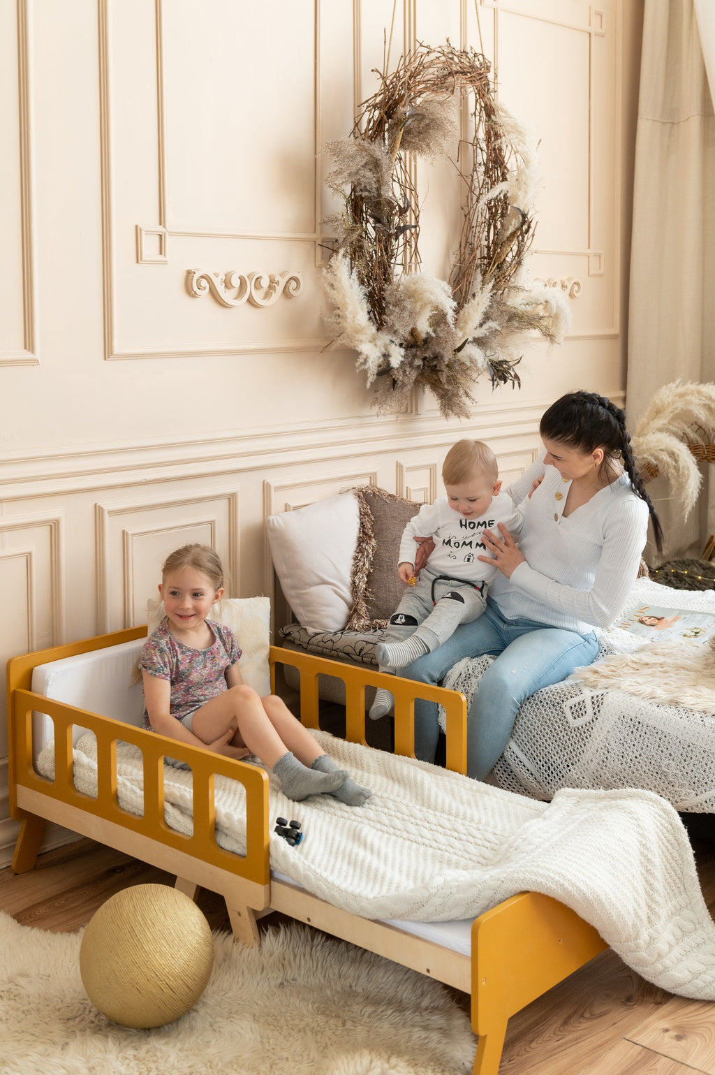 latvian kids growing bed in compact sofa mode with mattress for space-saving