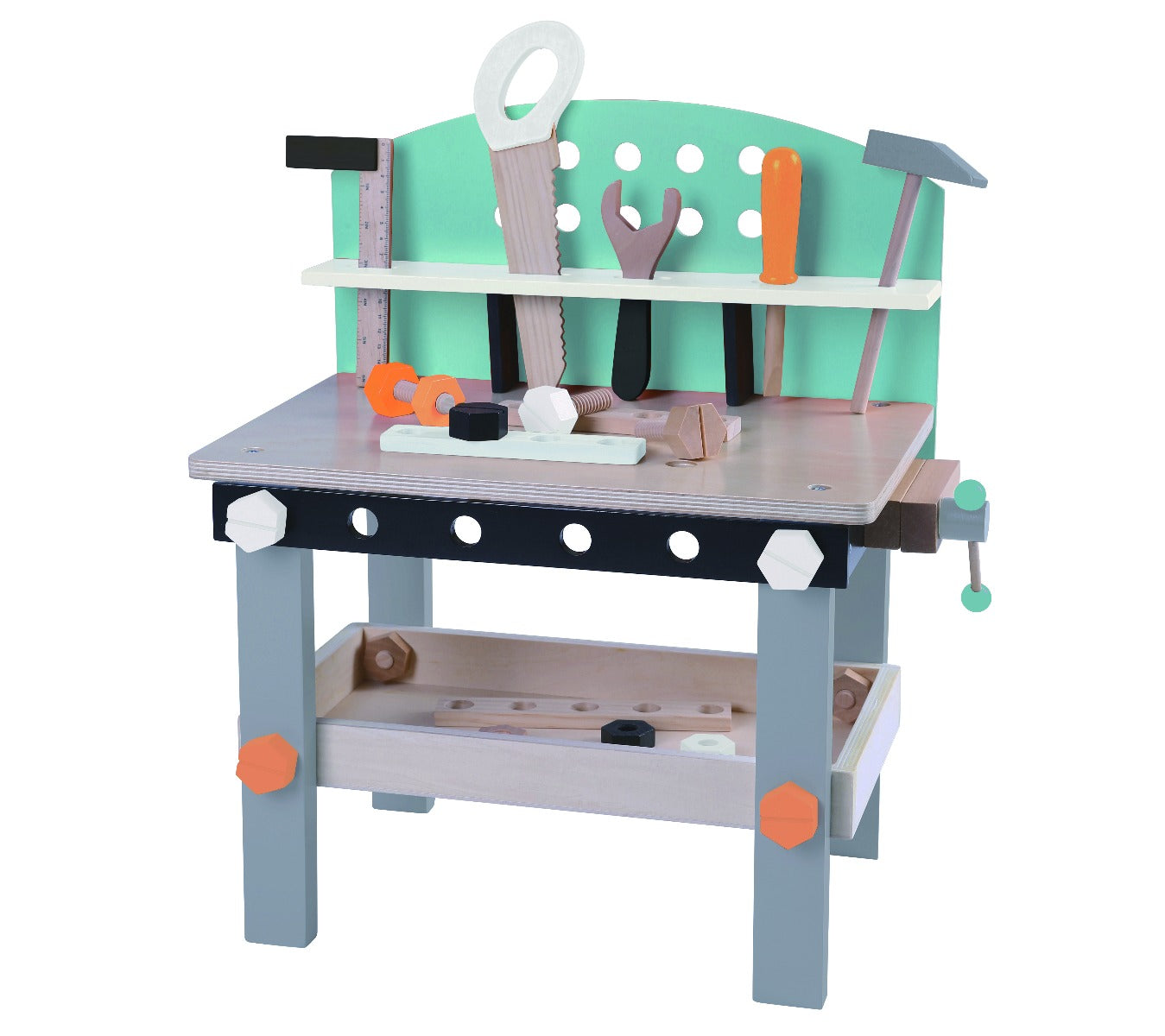 confident young builder at a wooden workbench with tools, ready to create