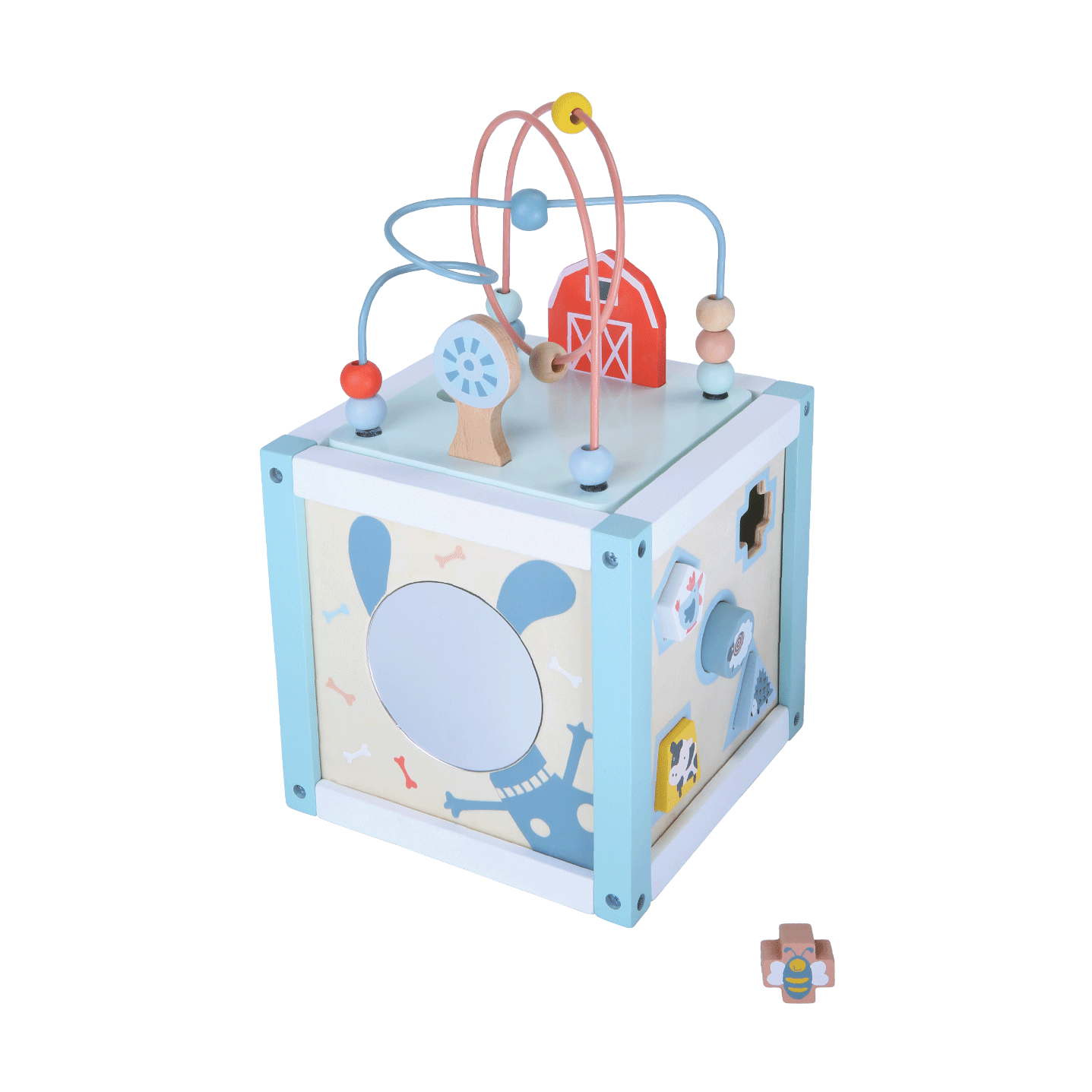 bold front view of a 20 cm wooden motor skills activity center for toddlers