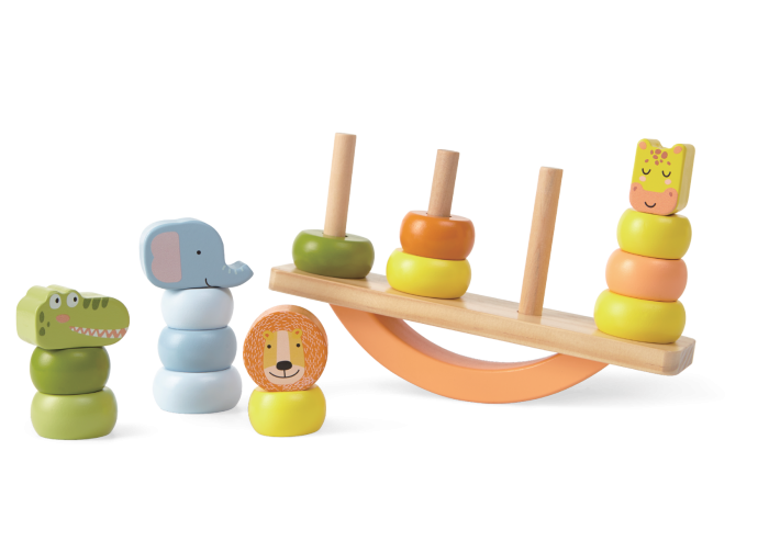 confident toddler mastering the wooden animal balance game on a swing