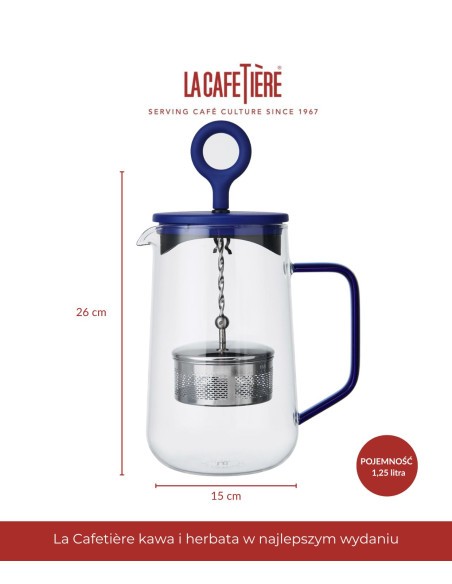 blue gyro teapot on a kitchen countertop, showcasing its 1.25 liter borosilicate glass infuser