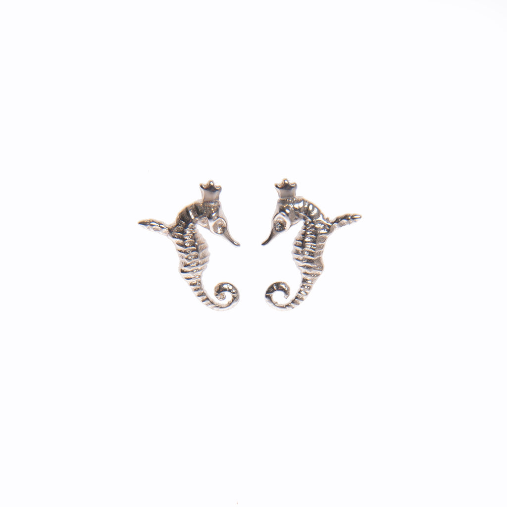 softly lit silver hippocamp earrings resting on a dreamy, cloud-like background