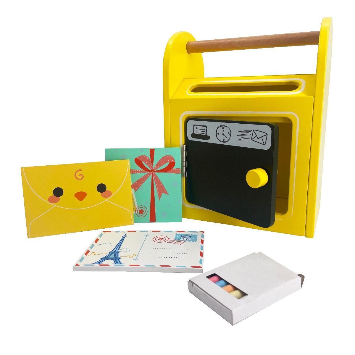 wooden mailbox set with chalk and letters laid out on a table for practical play