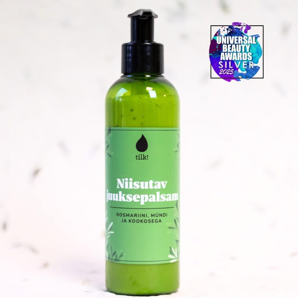 a soft-focus shot of mint and rosemary conditioner being gently poured, evoking its soothing, comforting texture