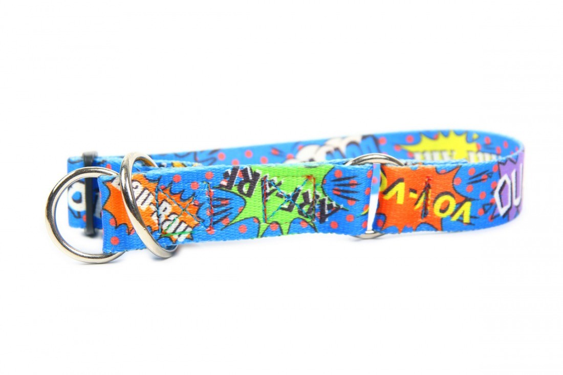 bold blue graffiti pattern on a half choke dog collar for large breeds, shown on a dark background