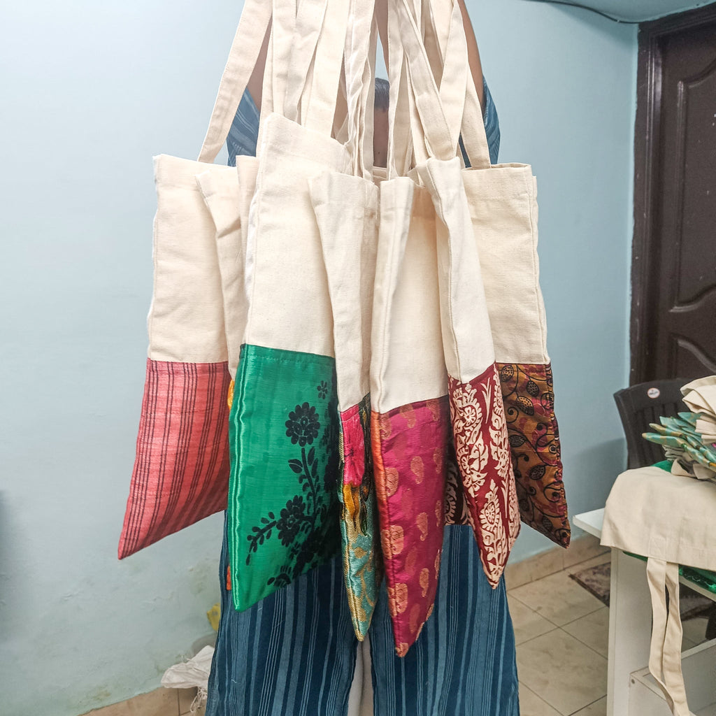 Upcycled Sari Cotton Tote Bag, Handmade in India