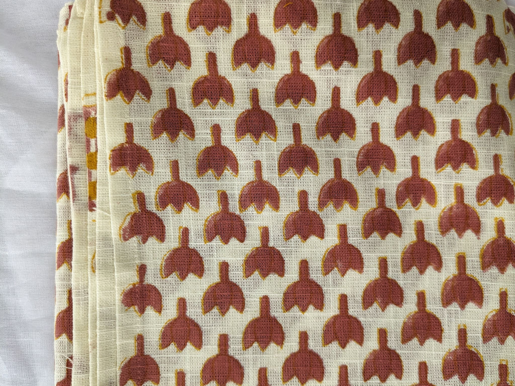 Hand Block Printed Cotton Scarf in Red and Yellow Flowers