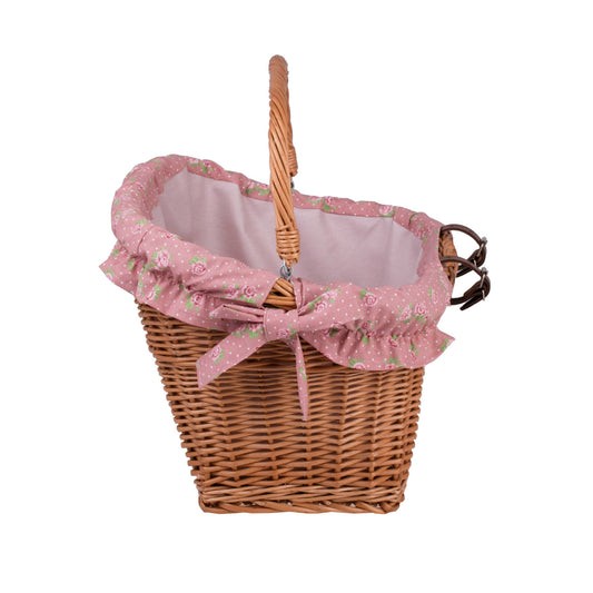 confident close-up of a handmade willow bike basket with a durable fabric liner