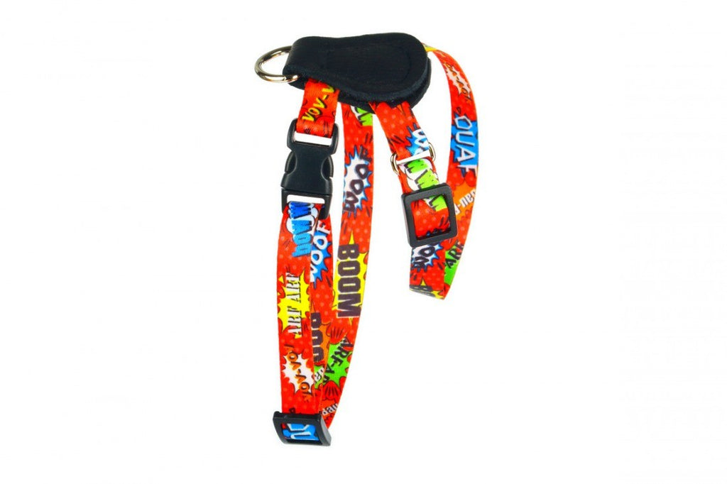 bold red graffiti leather dog harness on a confident pitbull in urban setting