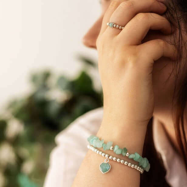 Heart Charm Bracelet in Sterling Silver and Amazonite