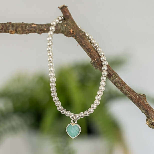 Heart Charm Bracelet in Sterling Silver and Amazonite