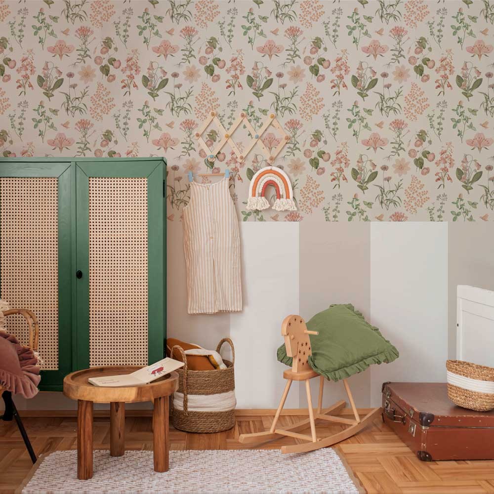 bold close-up of serene herbs and flowers wallpaper in soft pastel greens and warm salmon tones