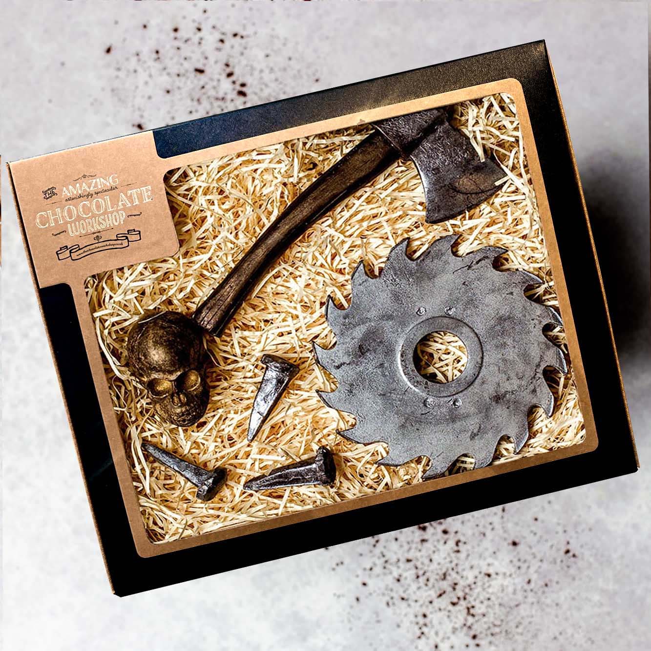 Horror and Halloween Fans Chocolate Gift Set with Axe Saw Blade Nails and Skull Box