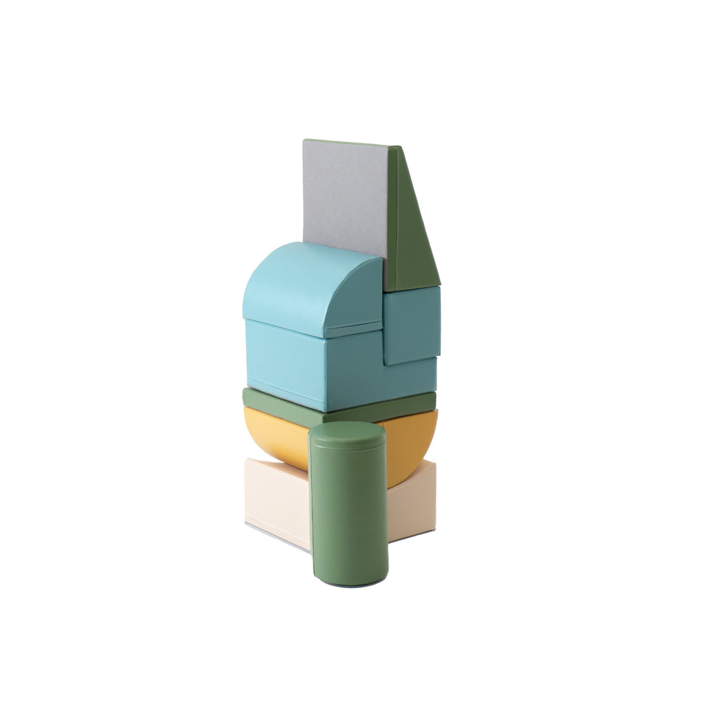 practical setup of pastel turquoise foam blocks for building safe obstacle courses