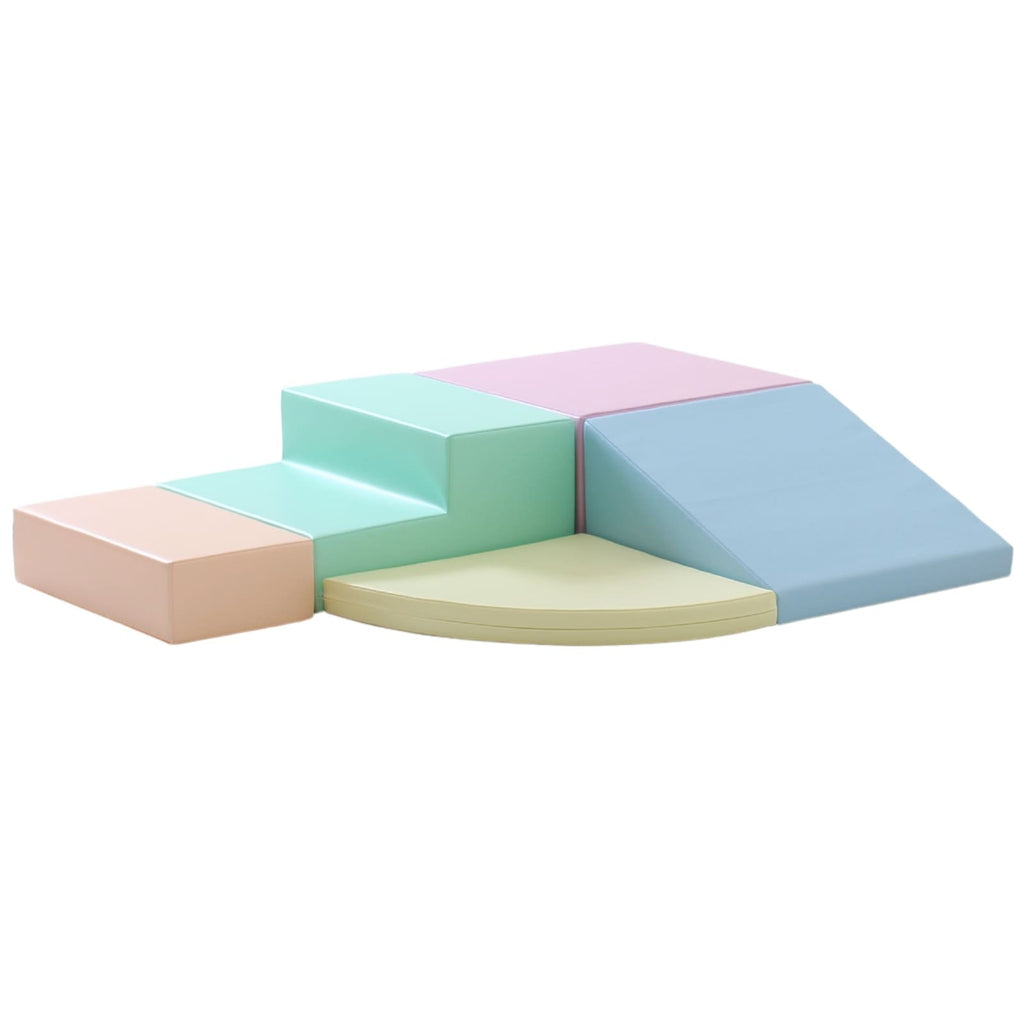 a child building a cozy corner fort with soft pastel foam blocks