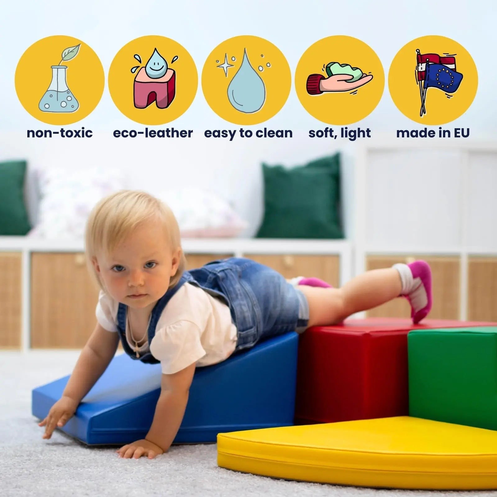 a soft pastel foam block set arranged in a gentle, comforting stack for a baby's first play space