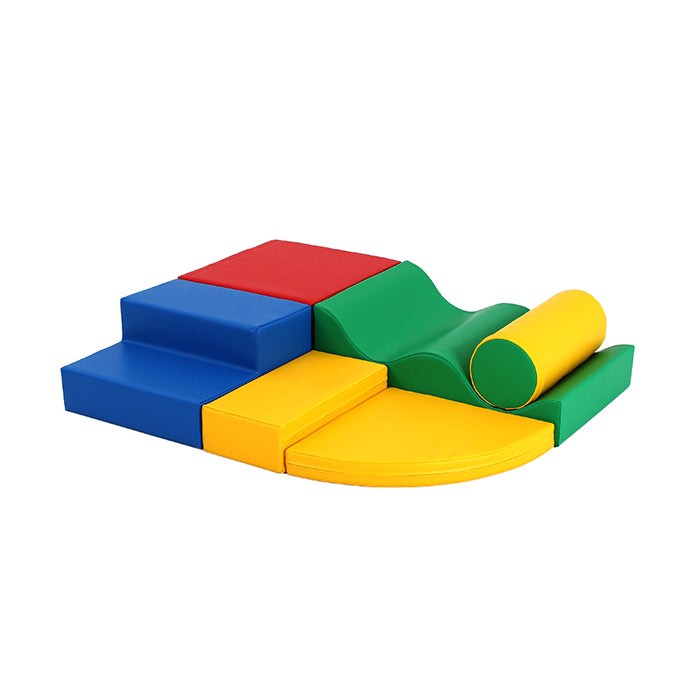 a child's hand building a vibrant iglu foam block tower in a sunlit playroom