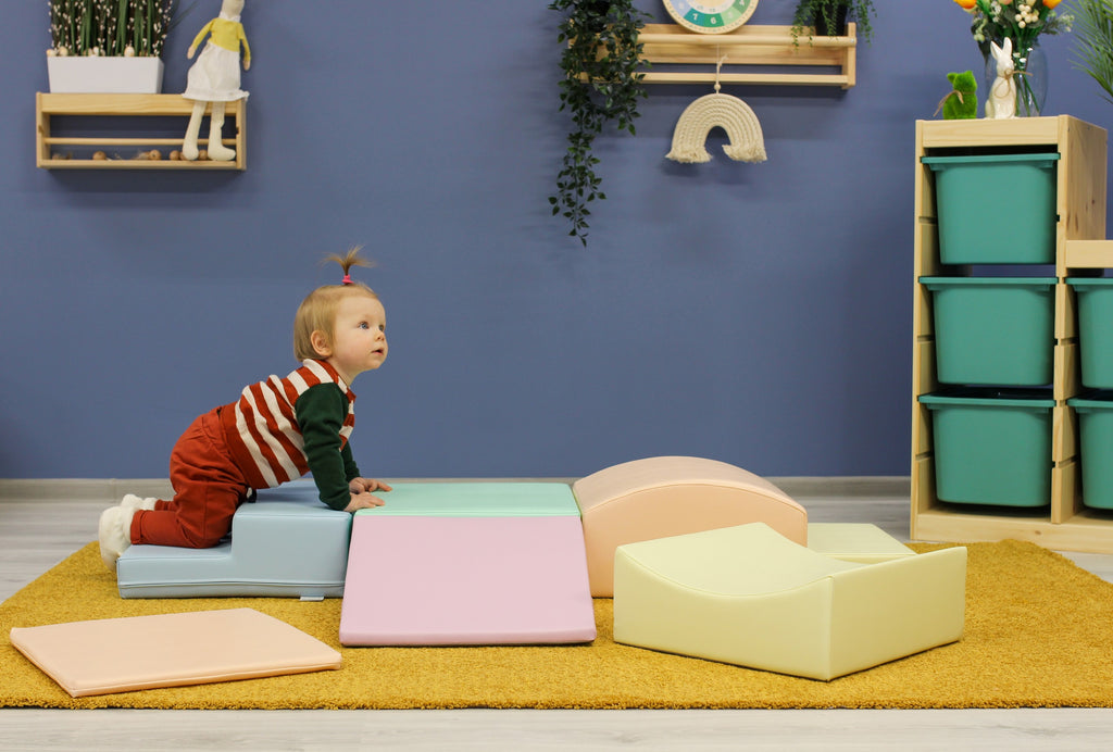 bold display of seven pastel iglu soft foam blocks for safe toddler climbing adventures