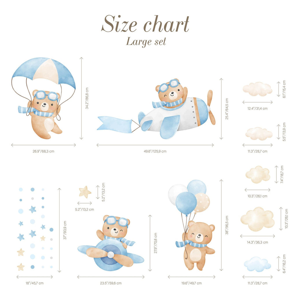 Flying Bears Wall Decals | Nursery Bear Wall Decal | Airplane Wall Decal | Boys Girls Room Decal | Blue and Pink Watercolor Bear Decal