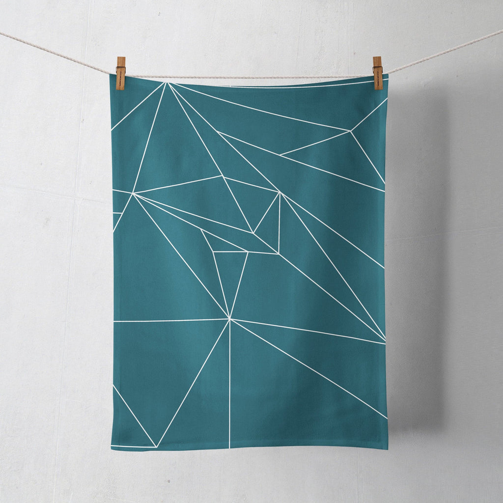 Teal Tea Towel with White Geometric Lines