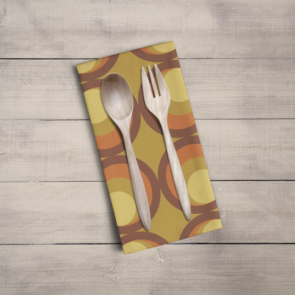 Mustard Yellow Tea Towel with Retro Orange and Brown Circle Design