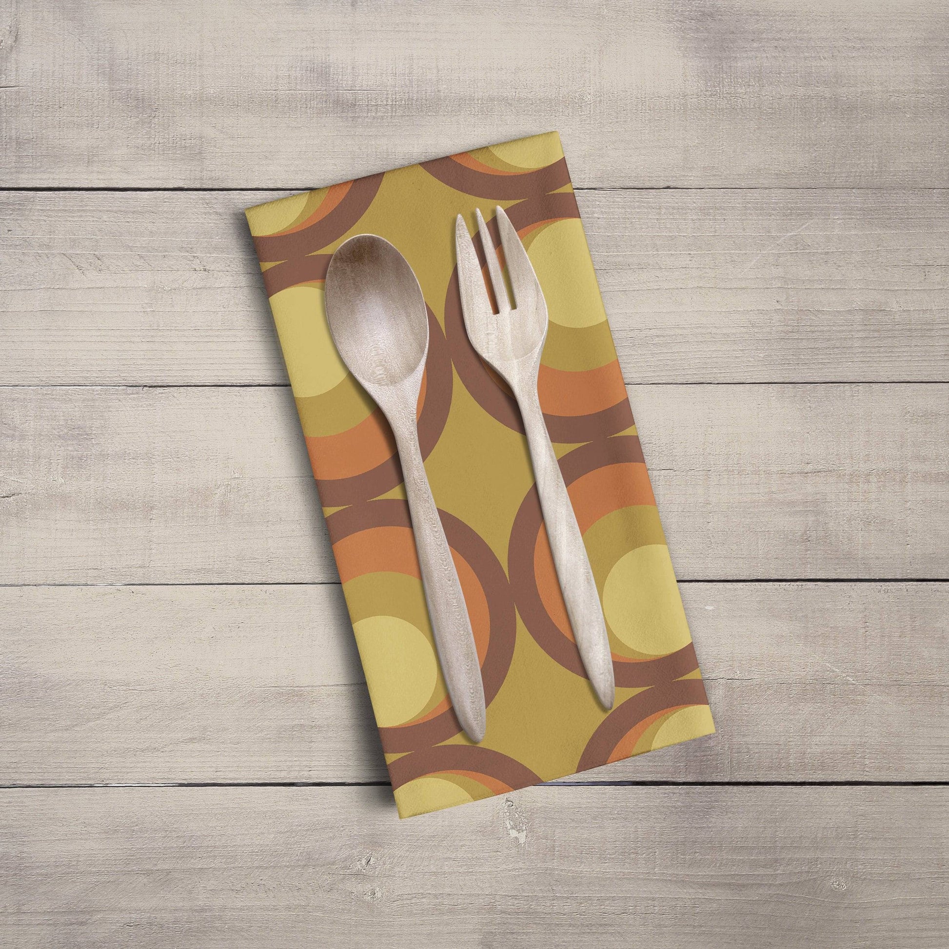 Mustard Yellow Tea Towel with Retro Orange and Brown Circle Design