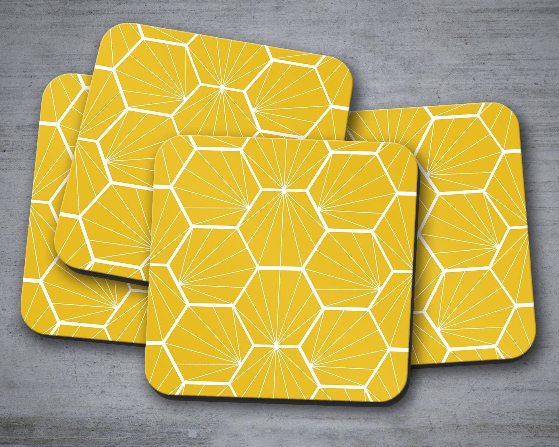 Yellow Coasters with White Hexagon Design