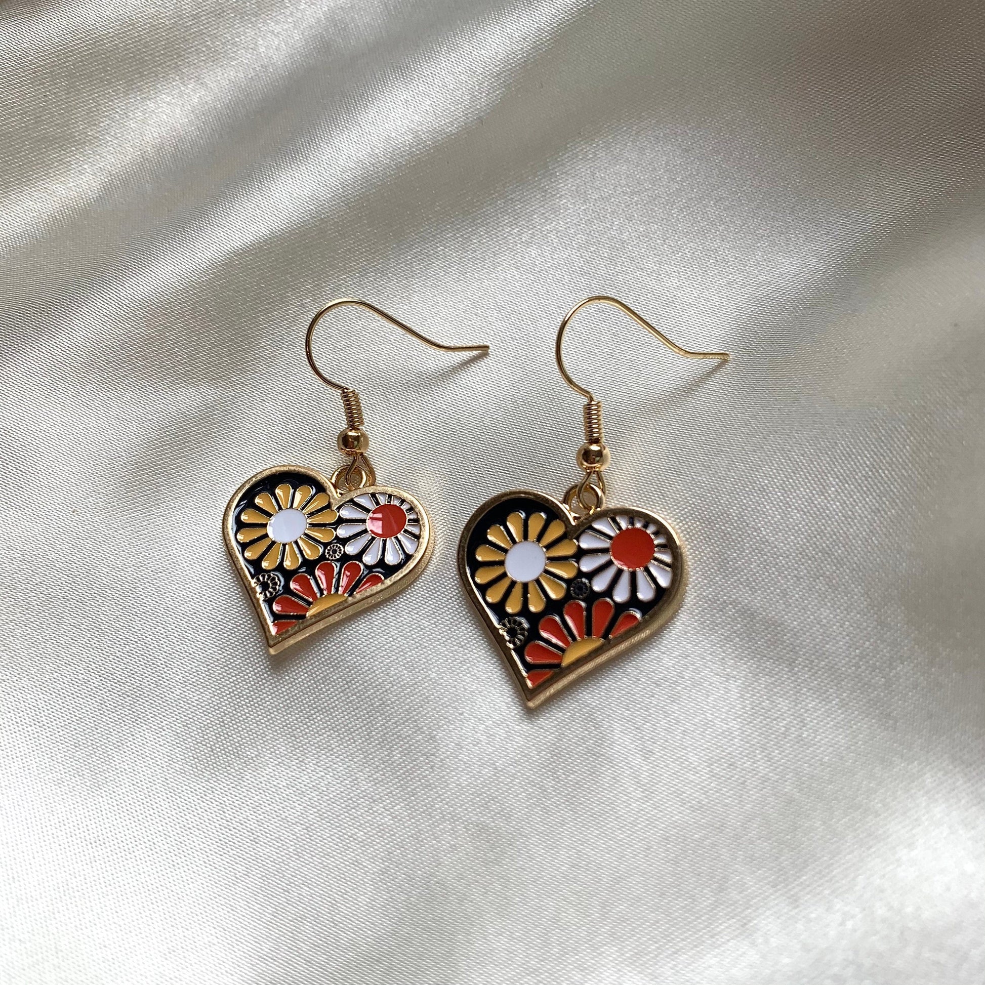 Cool quirky colourful flower in heart gold drop dangle earrings