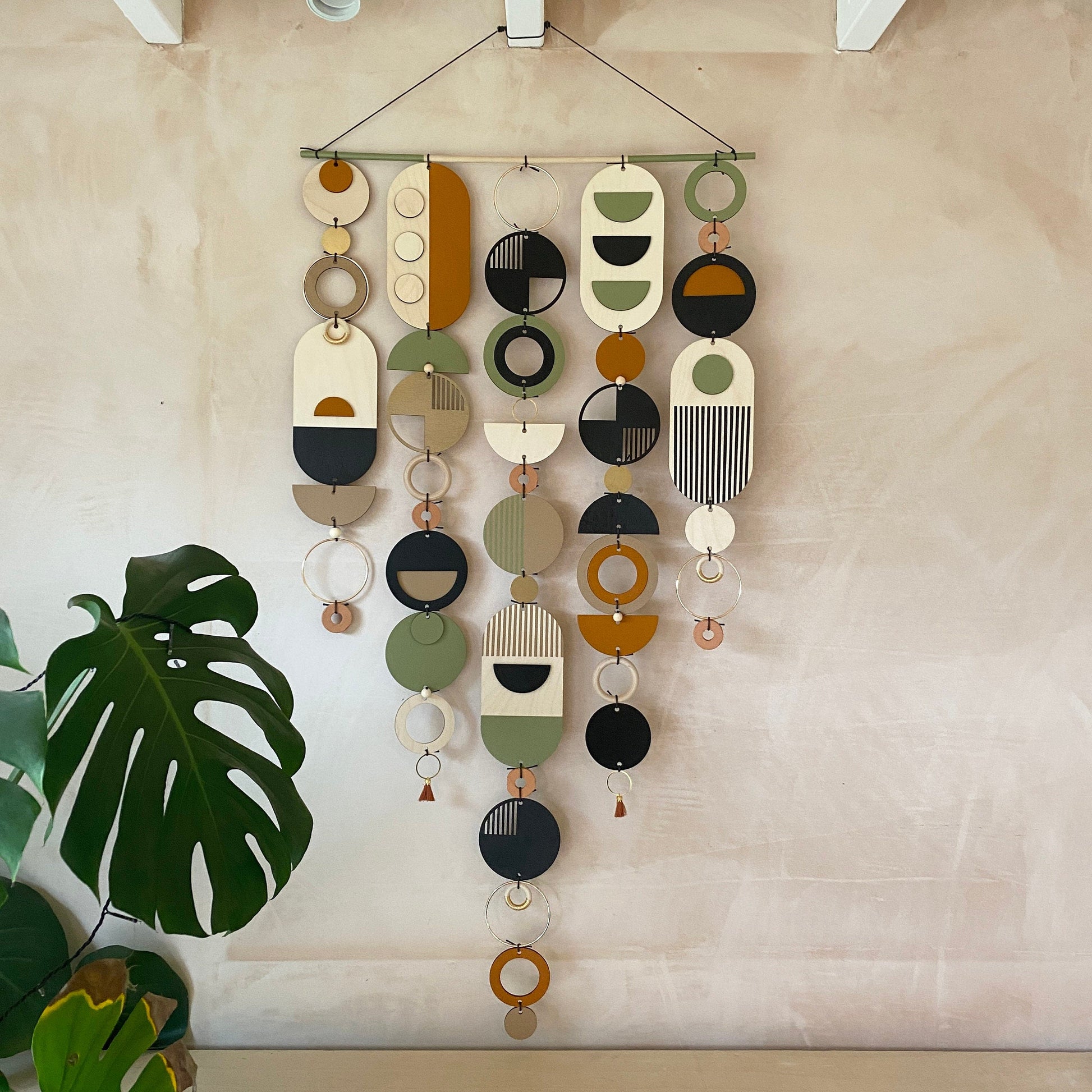 Modern Art Wooden Wall Hanging in Burnt Orange and Olive Green