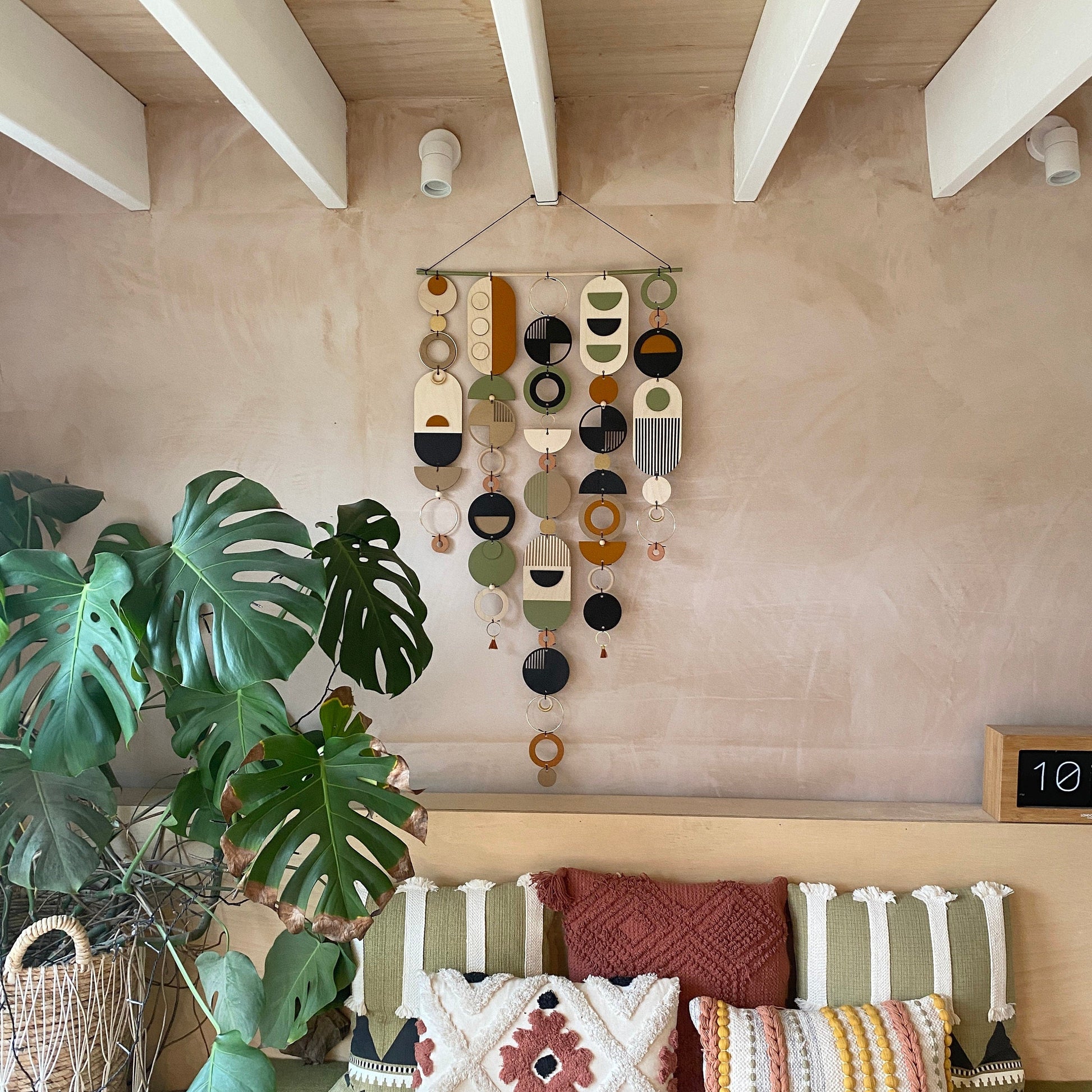 Modern Art Wooden Wall Hanging in Burnt Orange and Olive Green