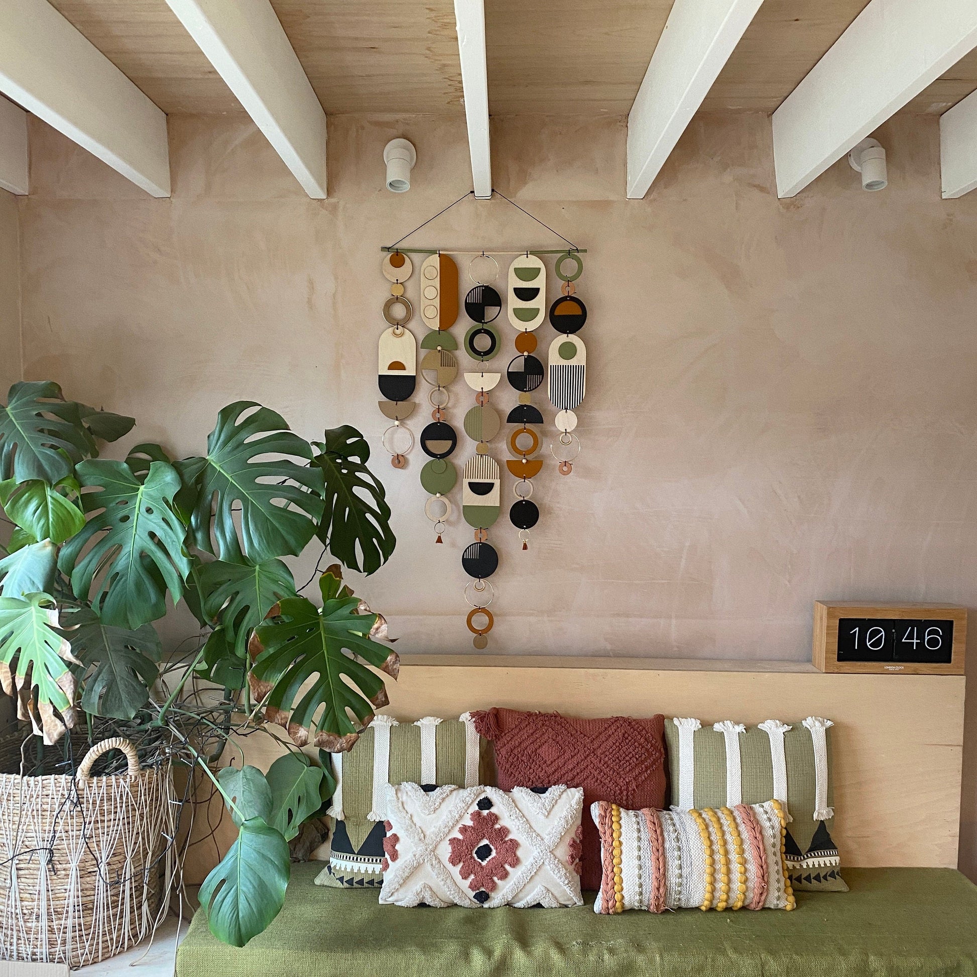 Modern Art Wooden Wall Hanging in Burnt Orange and Olive Green