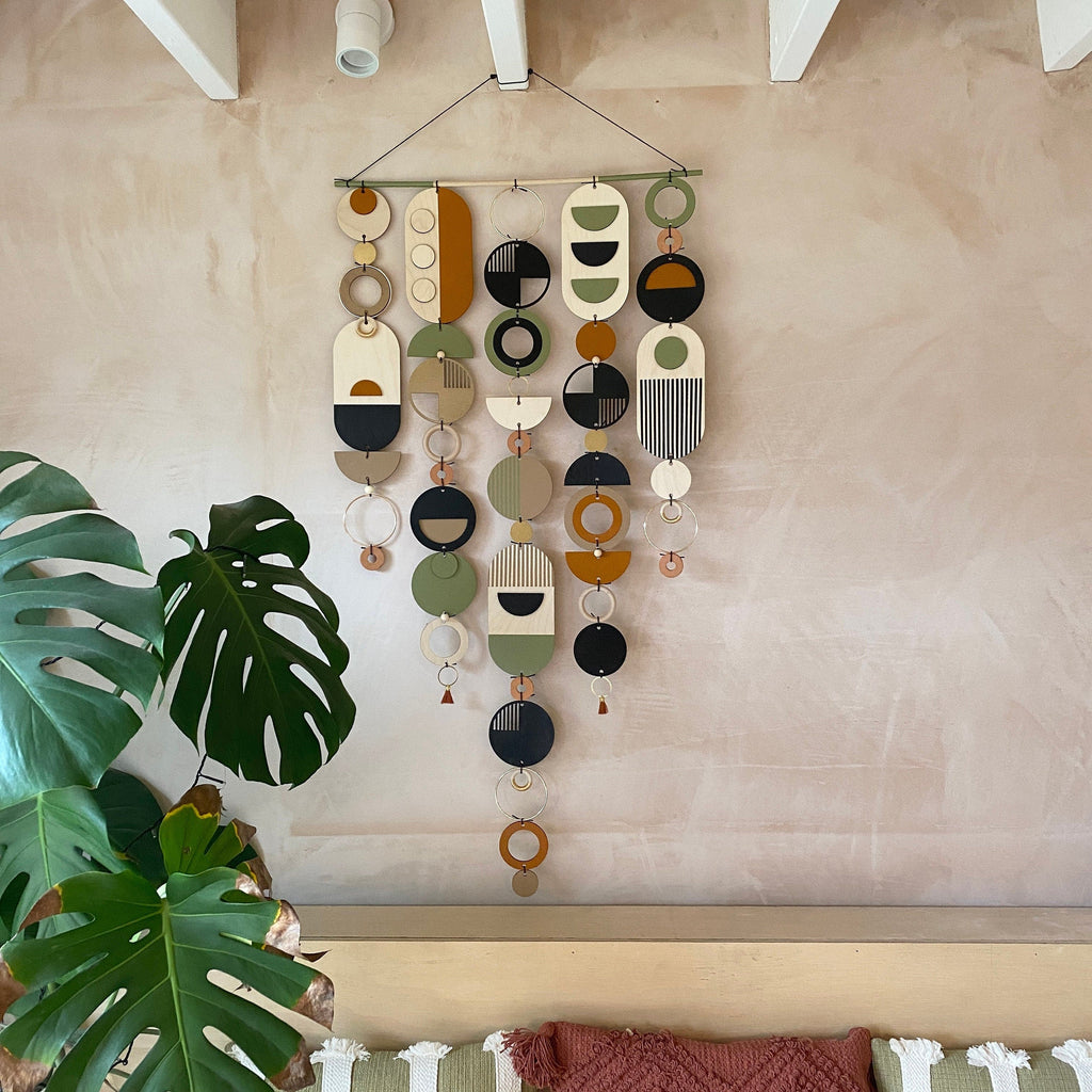 Modern Art Wooden Wall Hanging in Burnt Orange and Olive Green