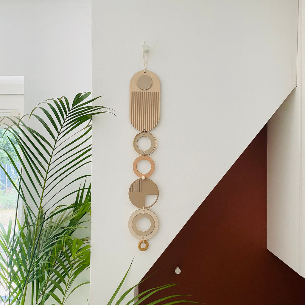 Geometric Soft Pink Modern Wall Art with Natural Wood and Gold Accents
