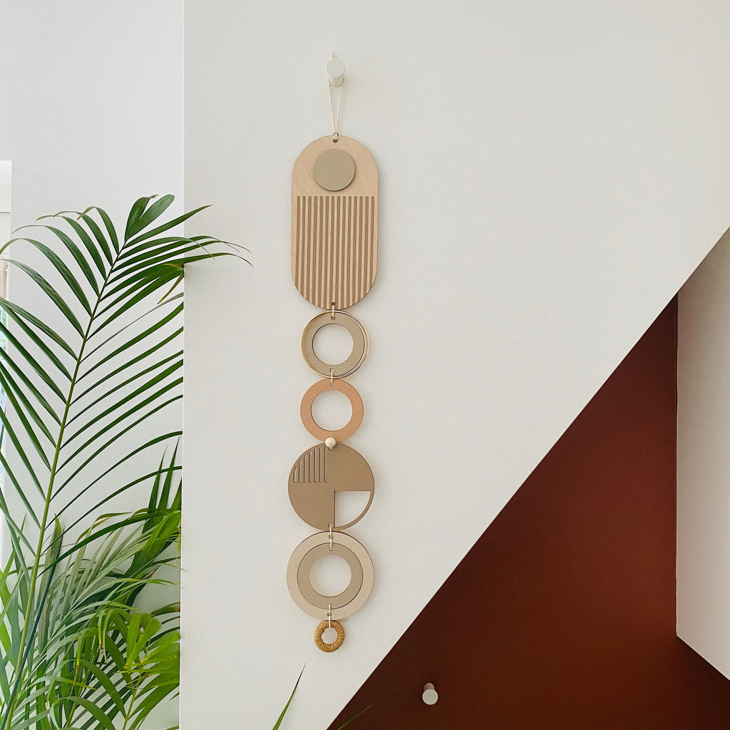 Geometric Soft Pink Modern Wall Art with Natural Wood and Gold Accents