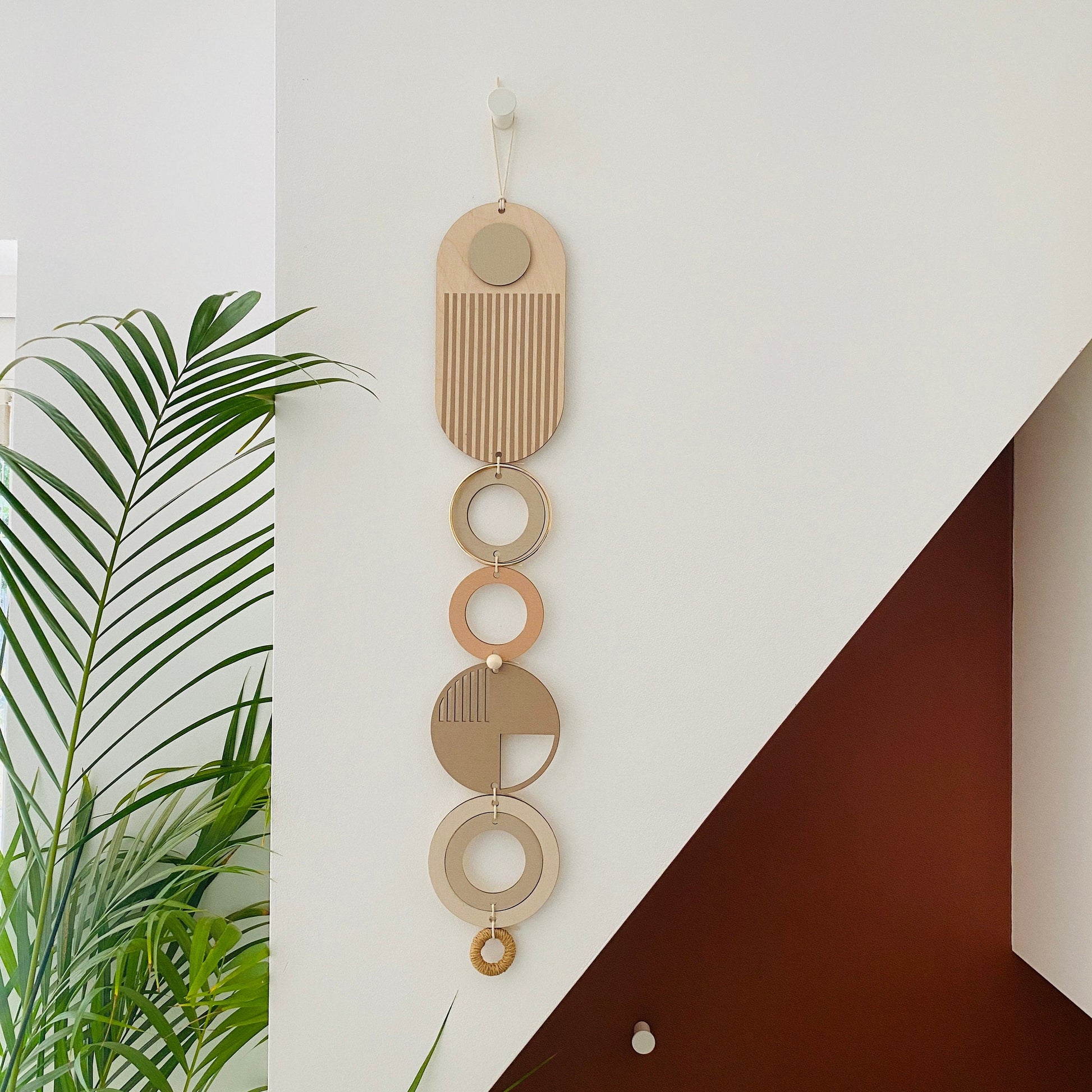Geometric Soft Pink Modern Wall Art with Natural Wood and Gold Accents