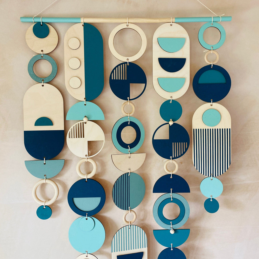 Large Blue Geometric Wall Art Handmade Wooden Tapestry