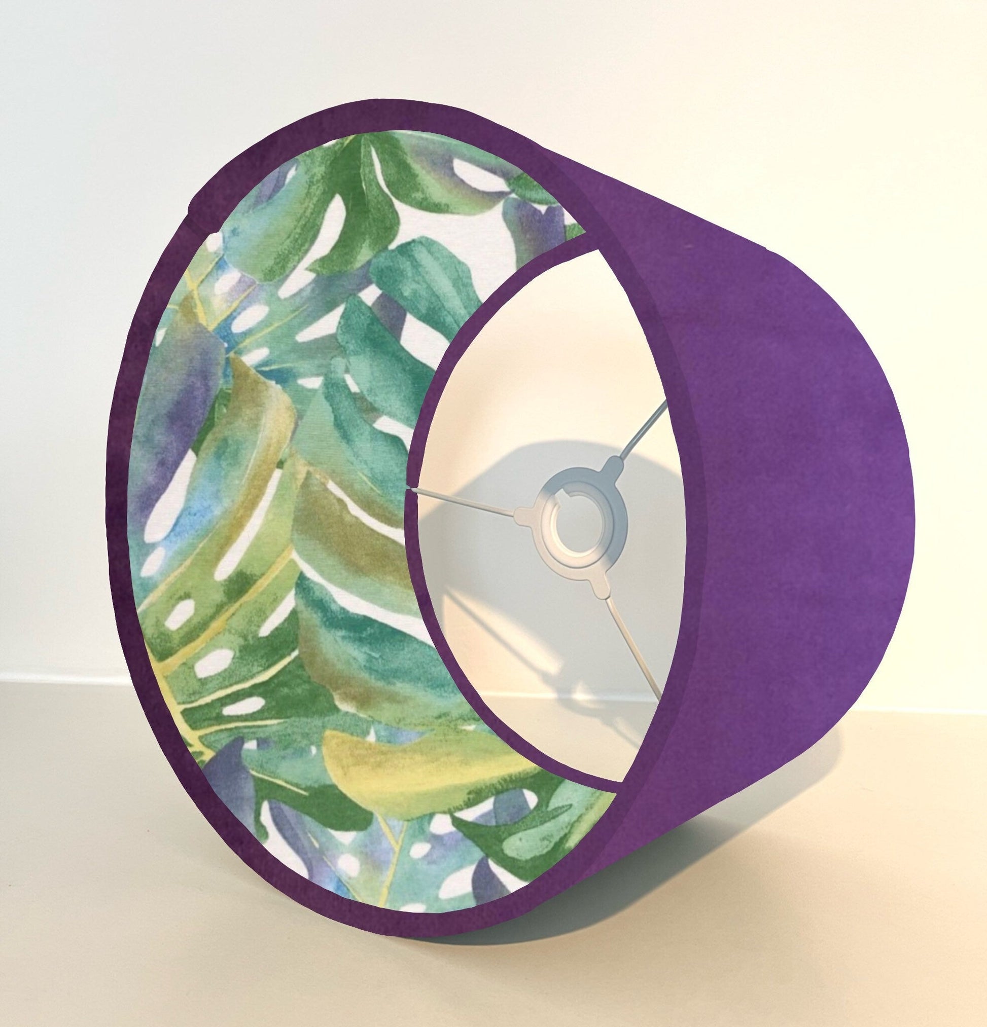 Purple velvet drum lampshade/ ceiling light shade with leaves interior